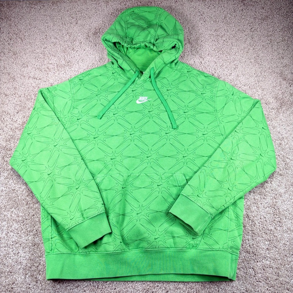 Nike Hoodie Mens Large Green Allover Swoosh Print Fleece Pullover Sportswear